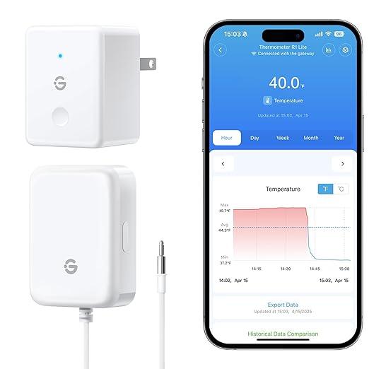 GoveeLife WiFi Refrigerator Thermometer Sensor with Alarm, 1-Pack & Gateway | Monitor fridge/freezer temp remotely with app alerts & buzzer 230ft range. For kitchen/hot tub, only support 2.4G Wi-Fi