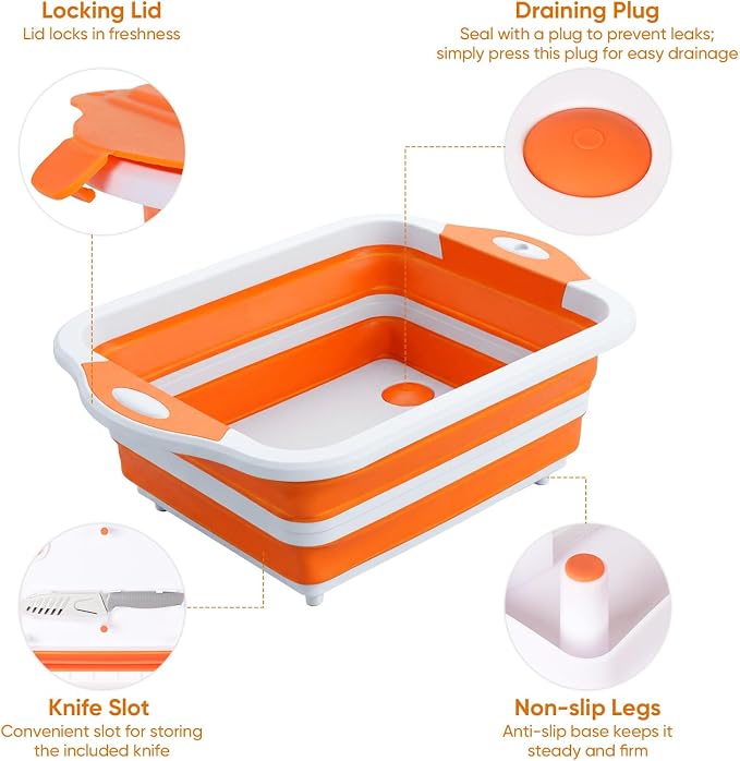Collapsible BBQ Prep Tub with Lid, Foldable Camping Sink with Colander, Cutting Board, Dish Basin for Kitchen, Bowl, Vegetable and Fruit, Storage Basket for Picnic-Orange