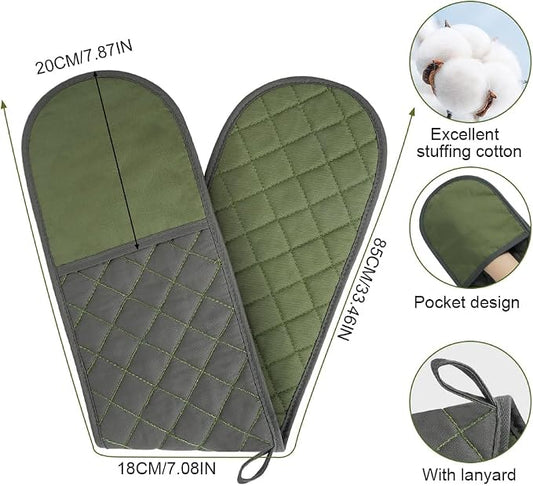 AUAUY Green Double Oven Mitts, 250°C/482°F Heat Resistant BBQ Mittens with Ropes, Silicone Non-Slip Design Kitchen Mittens, Cooking Glove Kitchen Accessories for Cooking Baking Grilling