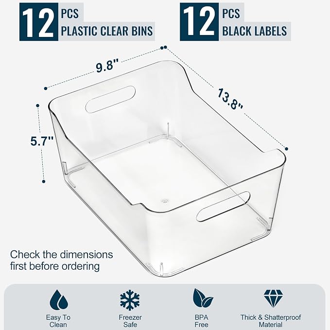12 PACK Multi-Use Clear Plastic Storage Bins for Organizing w/ Labels - Home, Kitchen, Pantry, Bathroom, Office, Cabinet Shelf Organizer Bins - SOHO Collection, RV, Fridge Organization Containers -XXL