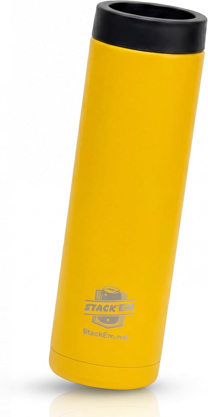 Stack'Em Patented Double Can Cooler Insulator - Holds Two 12 oz Cans - Stainless Steel Stackable Thermocooler - Reusable Drink Holder for Beer, Seltzer, Soda, Energy Drinks (Yellow)