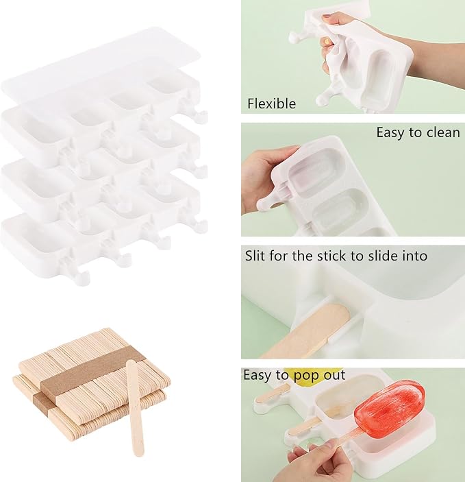 3 Set Small Popsicles Molds with Lids and 100 Pieces Wooden Popsicles Sticks, 4 Cavities Silicone Ice Cream Molds for Making Cakesicles, Cake Pops, Ice Cream - BPA Free