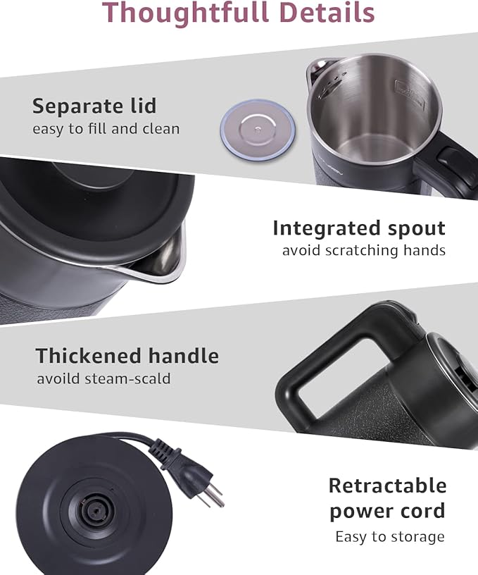 0.6L Small Electric Tea Kettle Lightweight, 20 Ounce Double Wall Hot Water Boiler Stainless Steel Auto Shut-off, 120V Portable Travel Electric Kettle Fast Boil for Tea and Coffee, Black