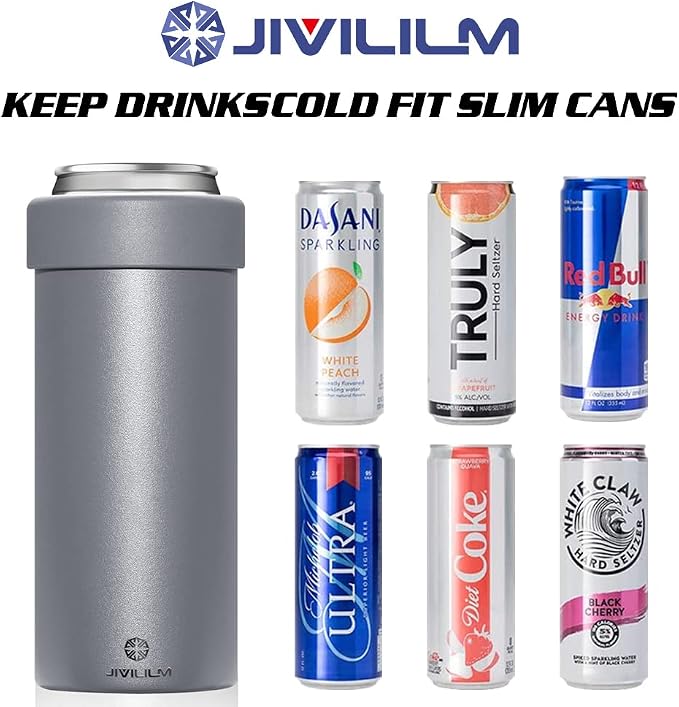12 oz. Slim Can Cooler Insulated (Gray) | Stainless Steel 12oz. Skinny Drink Holder for Soda, Hard Seltzer, Beer and Energy Drinks