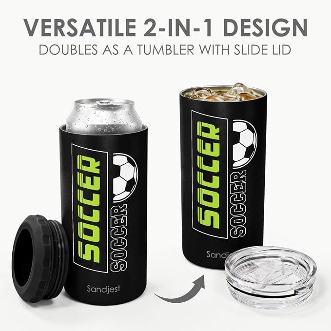 Soccer Can Cooler Stainless Steel 12oz, Insulated Tumbler for Men Brother Buddy Players, Travel Cans Koozie, Sport Gift for Birthday, Christmas