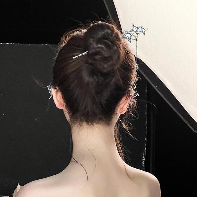 5PCS Star Moon Hair Sticks for Buns Long Hair Chinese Hanfu Asian Vintage Hair Chopsticks Metal Silver Hair Bun Updo Holders Long Hairpins for Women Girls