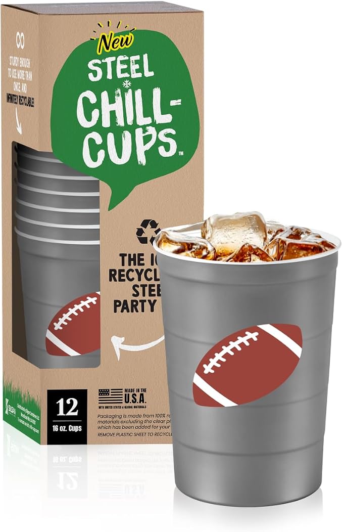 Steel Chill Cups 16 oz. Reusable Party Cups, Football, Gray, 12 Count | Made in USA from Steel these durable cups chill fast & keep your drink cold for longer, 100% recyclable for sustainablity