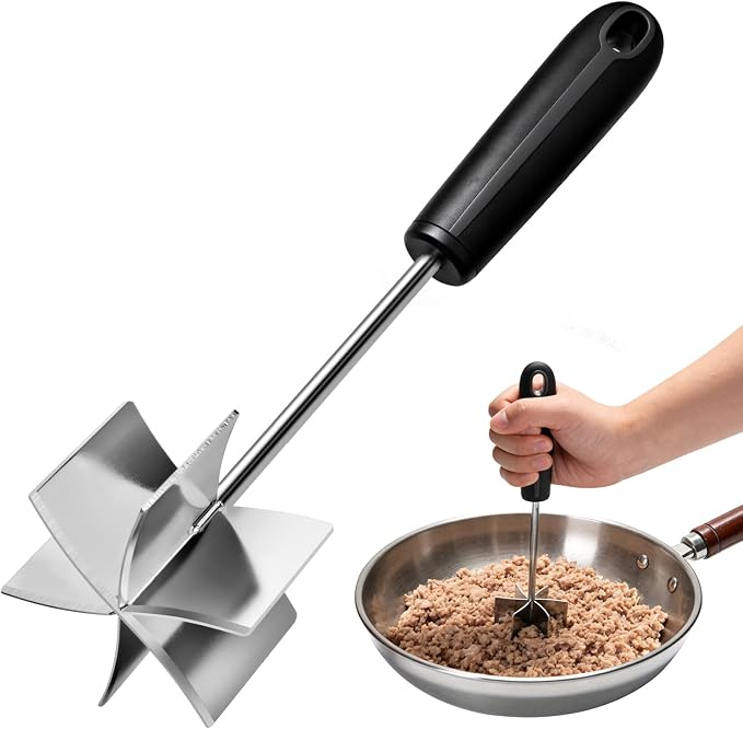 Stainless Steel Meat Chopper, Goldusk 10 Inch Meat Masher Ground Beef Chopper Tool with 6 Curve Blades & Ergonomic Non-Slip Handle, Hamburger Smasher Tool Ground Meat Smasher Dishwasher Safe