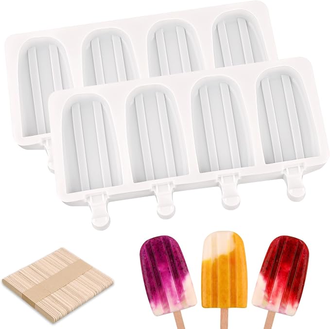 WMKGG Popsicle Silicone Molds Set, 2 PCS Ice Cream Molds with 50 Wooden Sticks for Cake Pop, Ice Pop, Cakesicles (White)