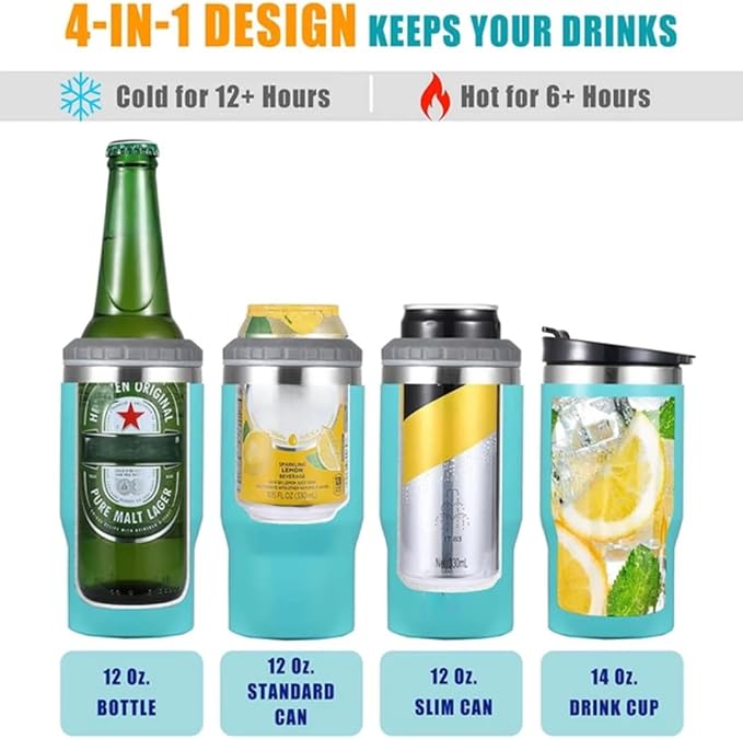 4 in 1 Stainless Steel Can/Bottle Insulator, 14oz Two-Way Lids SUS Insulated Can Cooler, Beer Bottle holder (Pink)