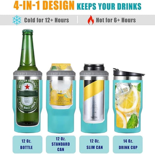 4 in 1 Stainless Steel Can/Bottle Insulator, 14oz Two-Way Lids SUS Insulated Can Cooler, Beer Bottle holder (Green)