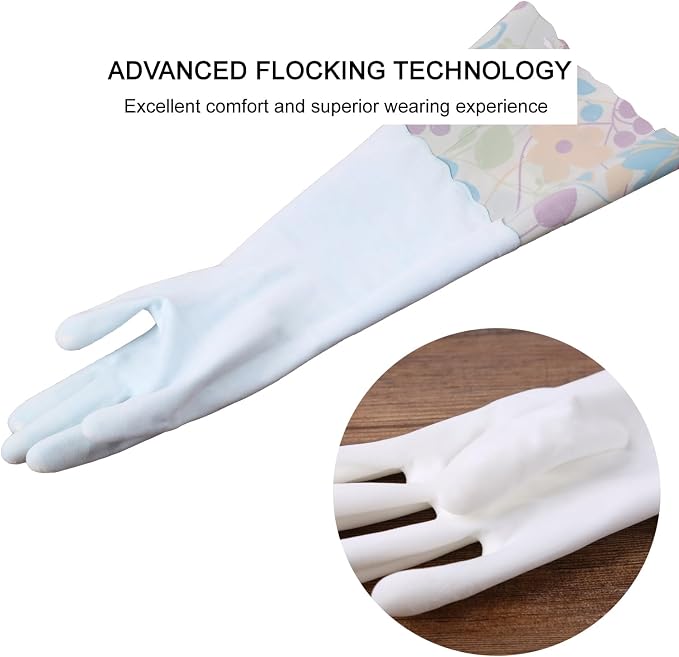 Bamllum 3 Pairs Rubber Cleaning Gloves, Household Kitchen Dishwashing Gloves with Cotton Flocked Liner, Long Cuff 16 Inches, Reusable, Non-Slip (Medium, Blue+Pink+White)