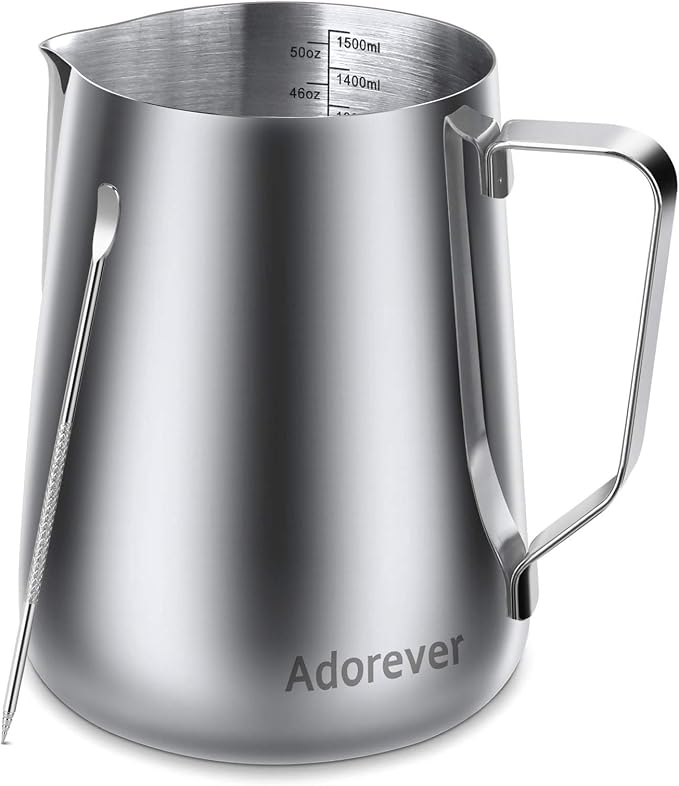 Milk Frothing Pitcher, 50oz Steaming Pitcher Stainless Steel Espresso Machine Accessories for Coffee Bar, Cappuccino Barista Tools Milk Jug Steamer Frother Cup with Decorating Latte Art Pen