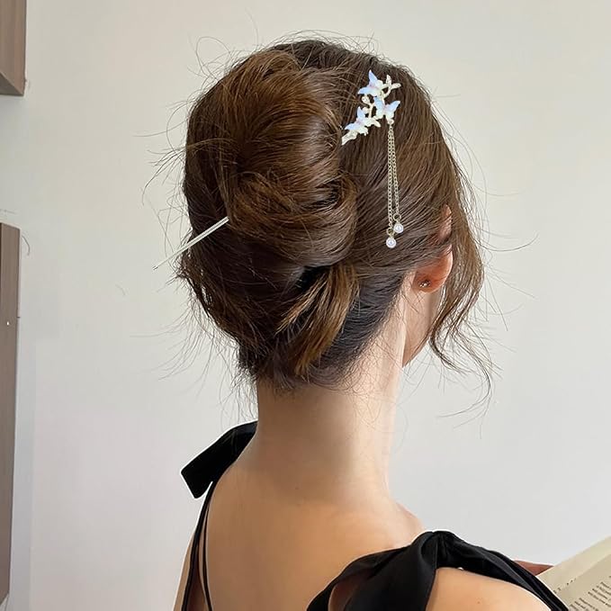 inSowni 8 Pieces Retro Asian Chinese Traditional Hanfu Butterfly Flower Metal Hair Sticks with Pearl Pendants Long Hair Pins Forks Chopsticks Bun Updo Holders for Women Girls