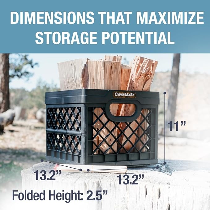 CleverMade Collapsible Milk Crate, 25L Storage Crate, Holds 50 lb, Obsidian | Organize Files, Groceries, and Gear in One Crate | Built-In Rails Hold Letter Folders, While the Frame Stacks Securely