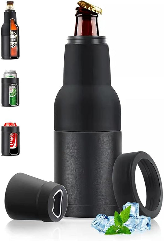 Stepstall Beer Gifts for Men, Beer Bottle and Can Cooler with Beer Opener, 12 oz. Slim Can Beer Bottle Insulators Holder, Vacuum Insulated Double Walled Stainless Steel(Matte Black)