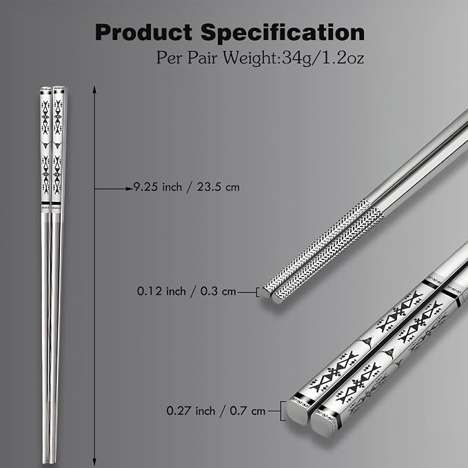 Metal Chopsticks Reusable 5 Pairs 18/8 Stainless Steel,Gift Box Set Silvery | Dishwasher Safe,Non-Slip,Square Lightweight,Boho Style
