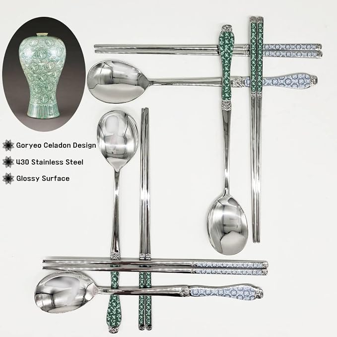 Goryeo Celadon Design Korean Table Sticky Rice Spoon and Chopsticks 430 Stainless Steel Glossy Surface Mukbang Cutlery (White, 5 Sets)