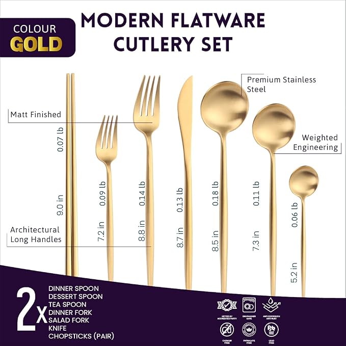 KiiZYs Matte Gold Silverware Set Cutlery Set - 14-piece 18/10 Stainless Steel Flatware Utensil Set - Korean Chopsticks Fork Spoon Knife - Reusable Dishwasher Safe - Gift Box (Gold, Service for 2)