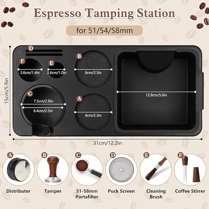 Y-Step Espresso Knock Box, 8 in 1 Espresso Tamping Station ABS Coffee Tamper Station Base Espresso Accessories Organizer Box for Storage 51-58MM Espresso Tamper, Distributor, Portafilter & Puck Screen