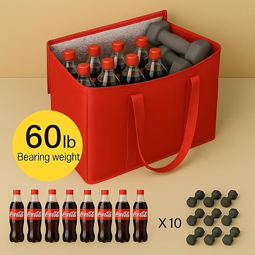 musbus 2Pk Insulated Reusable Grocery Bags, Collapsible Cooler Bag for Groceries, Heavy Duty Large Insulated Bag (Large, Bright Red)