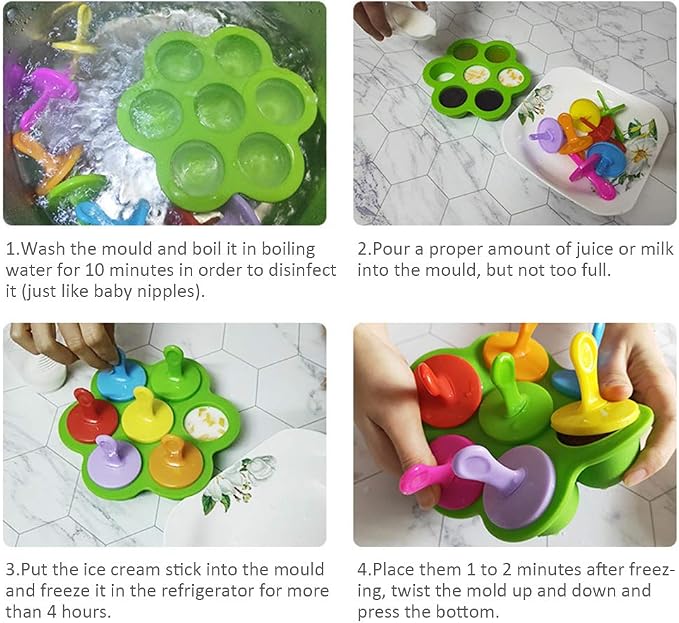 Mini Silicone Popsicle Mold, 7-cavity DIY Ice Pop Mold with Colorful Plastic Sticks, Popsicle Makers for Egg Bites, Lollipop and Ice Cream Mould, Baby Food Storage Container, Non-Stick Ice Cube Trays