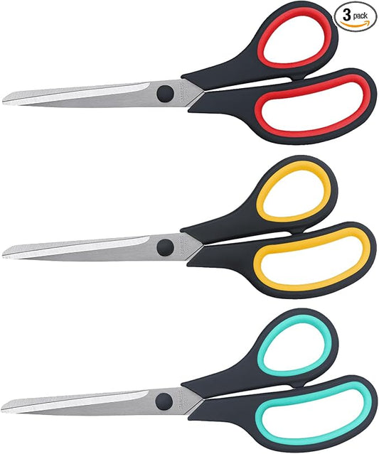 LONGKEY 8.5" Scissors 3-Pack, Ultra Sharp Stainless Steel, Black | All Purpose Scissors for Office Home School, Soft Comfort-Grip Right/Left Hand