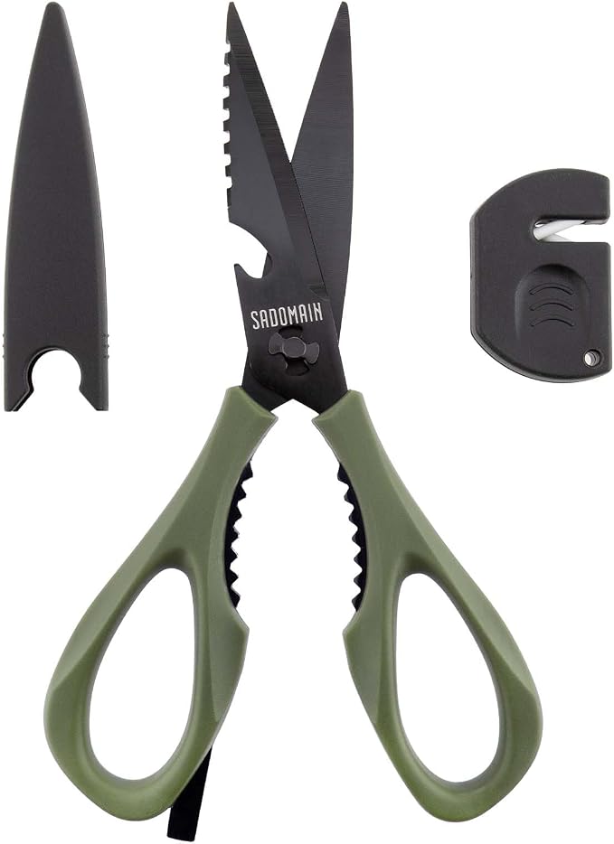 Kitchen Scissors All Purpose, Extra Sharp Kitchen Shears with Knife Sharpener & Sheath, Solid & Durable Stainless Steel Scissors with ANTI-RUST Black Titanium Plated, Dishwasher Safe – Green