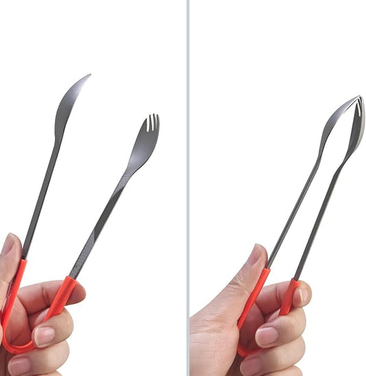 3 in1 Titanium Ultralight Cutlery Set, Long Handle Spoon and Spork, Camping tong, Travel Utensils with Bag (16CM)