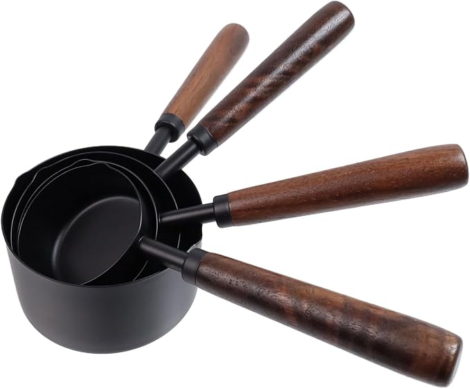 Set of 4 Measuring Cups and Spoons Black Measuring Cups with Wooden Handle Stainless Steel Measuring Spoons and Scoops Set for Kitchen Flour Spice Seasoning Measurement (1+1/2+1/3+1/4 Cup)