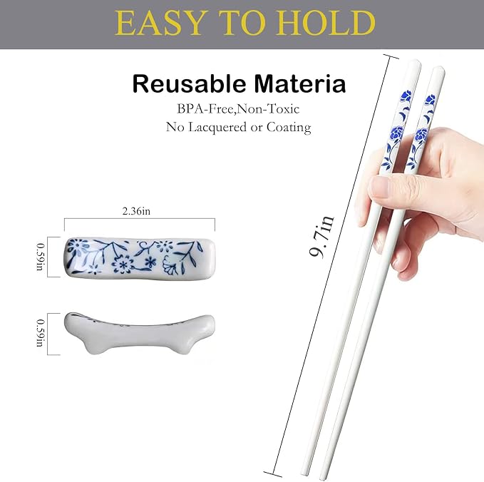 Ceramic Chopsticks Reusable with Porcelain Holder 2 Pairs Blue Rose | Delicate Box,Blue and White Porcelain,Gift set,Dishwasher Safe,Easy to clean,Cooking chopsticks