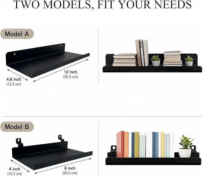 Floating Shelves for Wood Wall Panels,Metal Shelf for Storage Display,2pk | 8x4 Inch and 12x4.8 Inch,Black,Shelf Accessories,Wall Shelves Holder