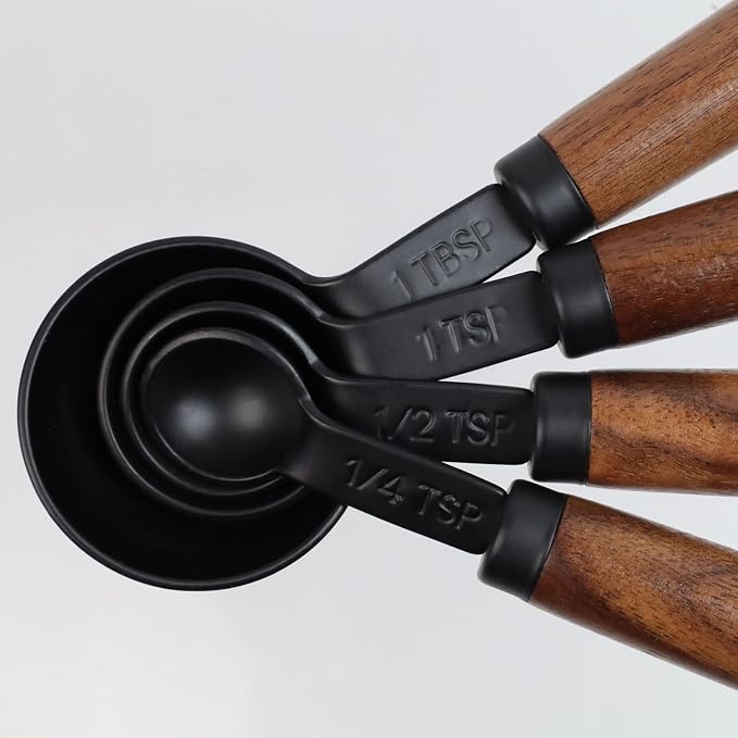 Set of 4 Measuring Spoons Black Measuring Scoops with Wooden Handle Stainless Steel Measuring Spoons Set for Kitchen Flour Spice Seasoning Measurement (15ml+5ml+2.5ml+1.25ml)