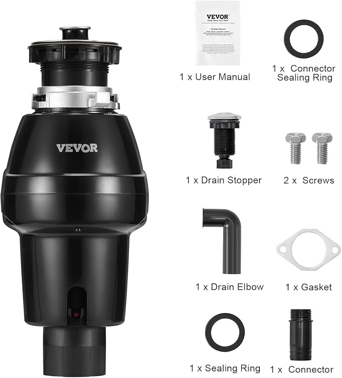 VEVOR Garbage Disposal, 3/4HP 3250RPM DC Motor, Continuous Feed Food Waste Sink Disposer, EZ Connect Food Waste Grinding System with Sound Reduction, Power Cord and Splash Guard, for Kitchen