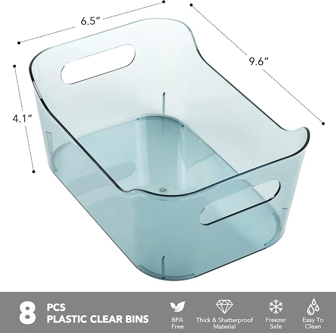 Tiawudi 8 Pack Plastic Storage Bins, Clear Pantry Organizers and Storage Containers, Multi-Use Organizer Bins for Kitchen, Bathroom, Office, Shelf, Fridge, Home Edit and Cabinet Organizers