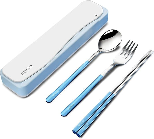 DEVICO Travel Utensils With Case, 18/8 Stainless Steel Camping Utensils, Reusable Portable Silverware Cutlery Set For Lunch Box, Include Fork Spoon Chopsticks (Light Blue)