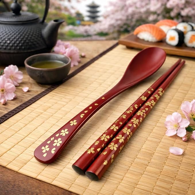Premium Japanese Chopsticks with Spoon Reusable [ Made in Japan ] Traditional Lacquer Art Wooden Chopsticks (Gold Flower RD(YM2002))