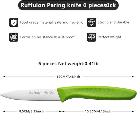 Paring Knife Fruit Knife Set (6 Pieces), Ultra Sharp Stainless Steel Vegetable and Fruit Knife with PP Plastic Ergonomic Handle for Cutting Fruits and Vegetables,Blue/Yellow/Green