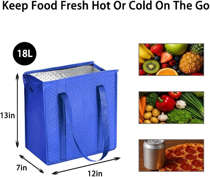 2-Pack 18L Blue Insulated Grocery Bags with Zipper | Reusable 3-Layer Insulated Cooler Bags, Foldable for Shopping, Camping & Beach Trips