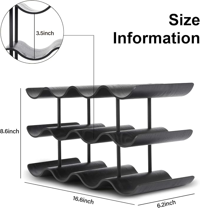 Countertop Wine Rack - 12 Bottle Freestanding Wine Bottle Holder Stand - 3 Tier Wooden Wine Storage Rack - Black Wavy Wine Organizer for Cabinet Pantry Home Kitchen Bar
