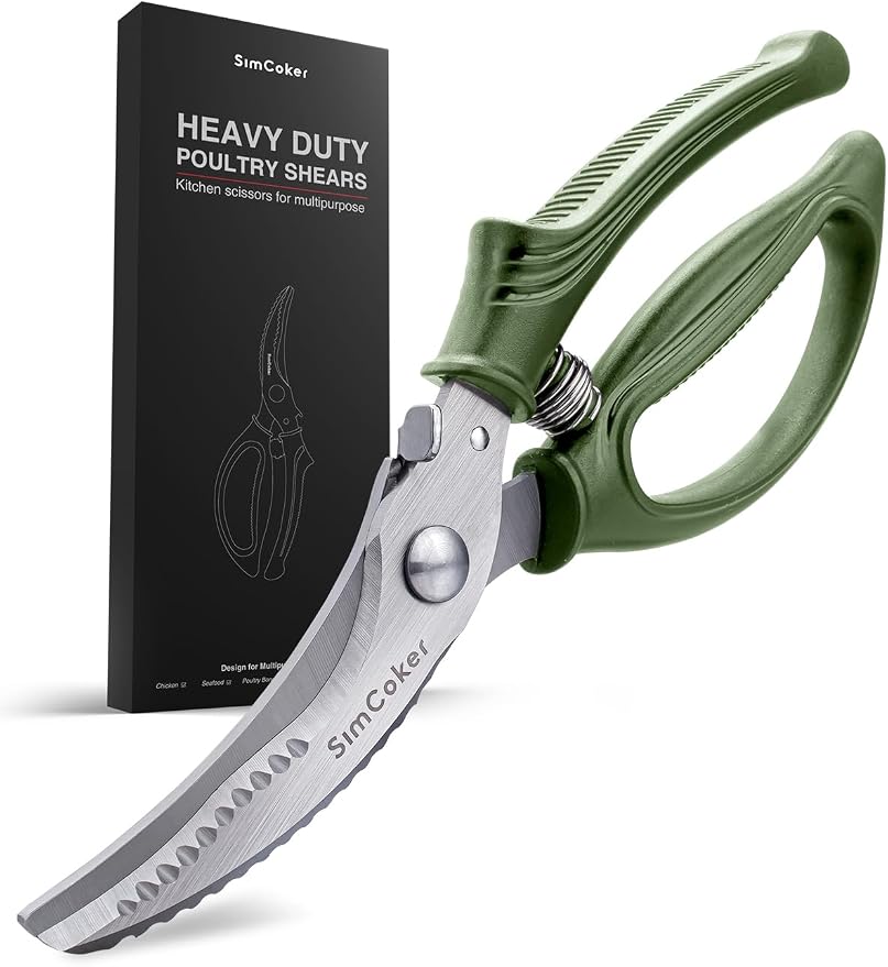 Poultry Shears, Heavy Duty Kitchen Shears With Anti-Slip Handle & Safety Lock, Poultry Scissors for Meat, Chicken, Bone,Turkey, Fish, Spring Loaded, Dishwasher Safe(Olive Green)