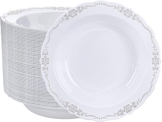 DaYammi 50 Pack Plastic Bowls with Silver Rim, 12oz Disposable Soup Bowls, Heavy Duty Dinner Bowls for Weddings, Parties, Dinners, Catering and Everyday Use