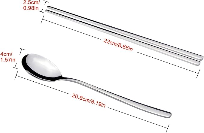 IQCWOOD Spoons and Chopsticks Set, 5 Pairs Stainless Steel Flat Chopsticks, 5 Set Korean Spoons, Metal Reusable Chop Sticks Dishwasher Safe for Home, Kitchen or Restaurant
