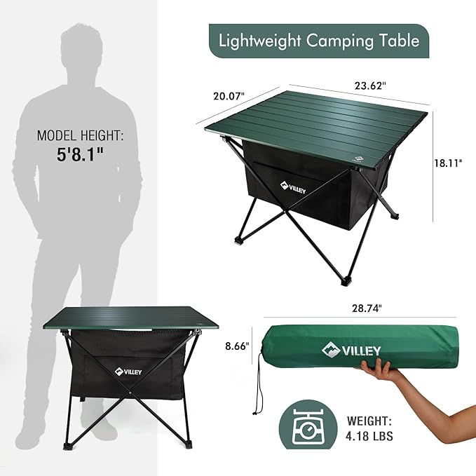 VILLEY Portable Camping Side Table, Ultralight Aluminum Folding Beach Table | Lightweight & Portable, Under-Table Storage Hammock, Carry Bag for Camping, Beach, Picnic, Boat & Travel