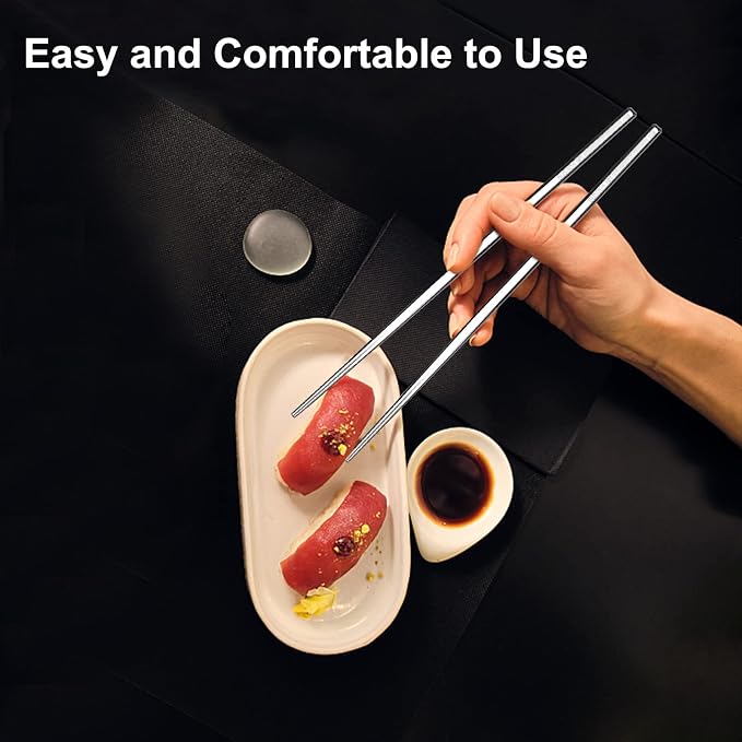 Premium Stainless Steel Metal Chopsticks, Reusable Silver Chopsticks Dishwasher Safe, Square Lightweight Non-Slip Chop Sticks Easy to Use for Home Kitchen Hotel Restaurant (Stainless steel, 8.7)
