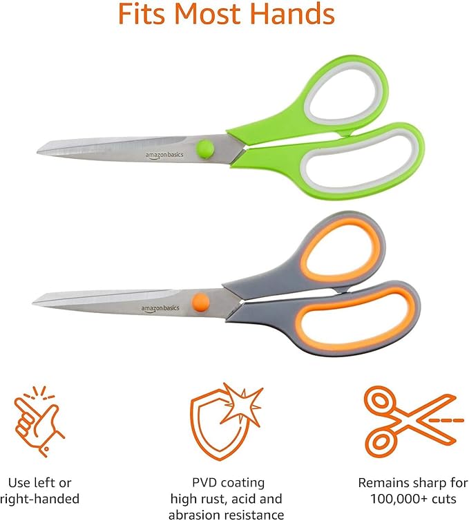 Amazon Basics Multipurpose Stainless Steel Scissors for Office, Crafts, Paper Cutting, Fabric Cutting, Right/Left Handed, Comfort Grip, PVD Coated, 2-Pack, Green and Grey