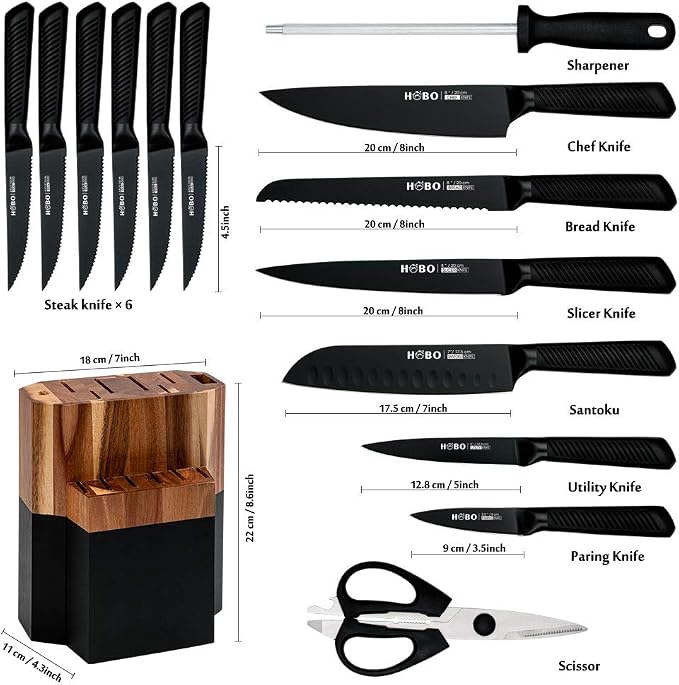 Knife Block Set, 15 Piece Kitchen Knife Set with 6 Steak Knife Set with Sharpener Chef Knife High German Carbon Stainless Steel Knife with Wooden Block Bread Knife Boxed | 6 Pieces Steak Knives, with Sharpener and Wood Block, German Steel