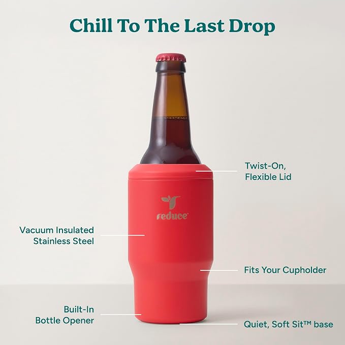 Reduce 4-in-1 Drink Cooler - Versatile Can & Bottle Holder with Vacuum Insulation - Keeps Drinks Cold Up to 4 Hours - Includes Bottle Opener - Fits Cupholders & Dishwasher Safe - 14oz - Rally Red