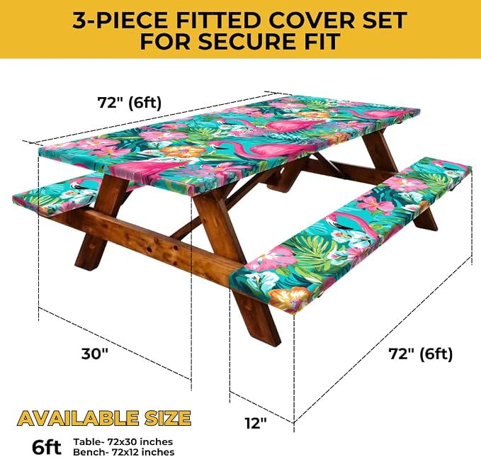 6ft Polyester Picnic Table Cover with Bench Covers Tablecloth Flamingo | Polyester Picnic Table Cover Windproof & Waterproof, Perfect for Camping Gifts & RV Essentials, Cool Camping Gadgets with bag