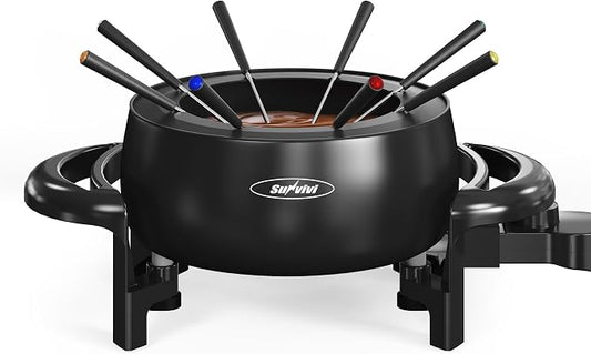 Sunvivi 3 Quarts Electric Fondue Pot Set for Cheese & Chocolate,Temperature Control, 8-Color Coded Forks, for Cheese, Chocolate, Hot Oil, Broth